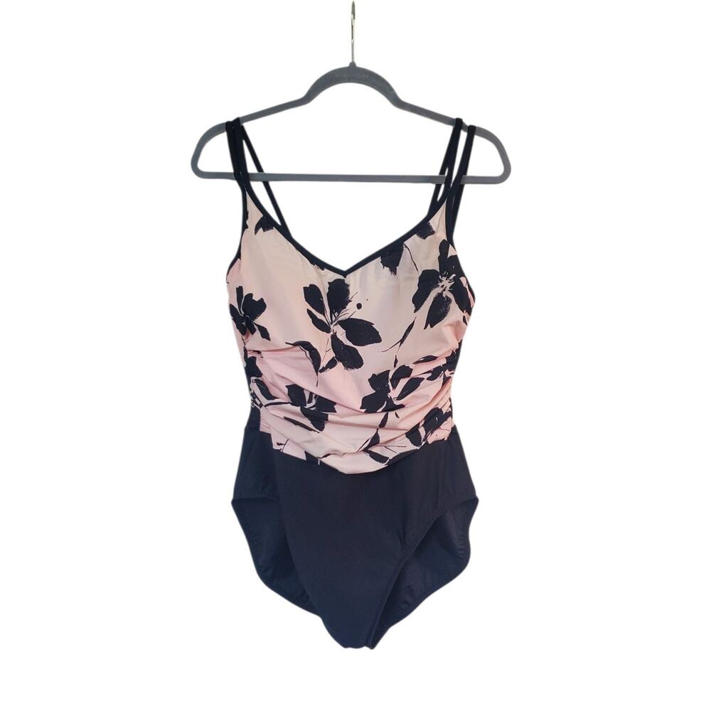 Miraclesuit Pink Black Floral One Piece Spaghetti Strap Vintage Swimsuit, Size 8